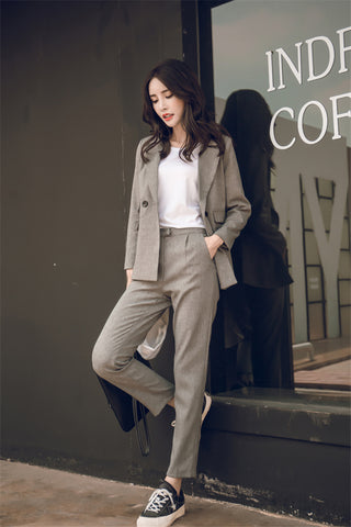 Trousers Suit Casual Buttons Jacket & High Waist Pencil Pant