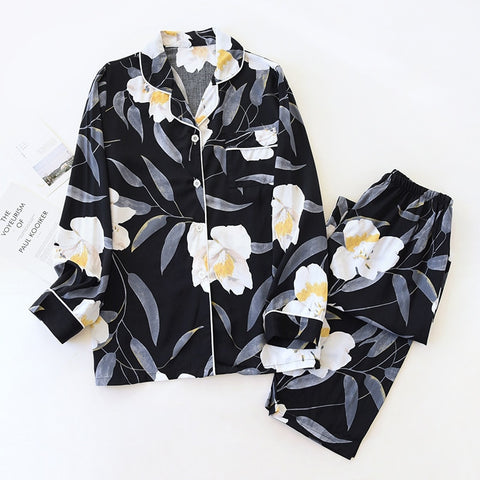 ladies viscose pajamas long-sleeved elegant big flower