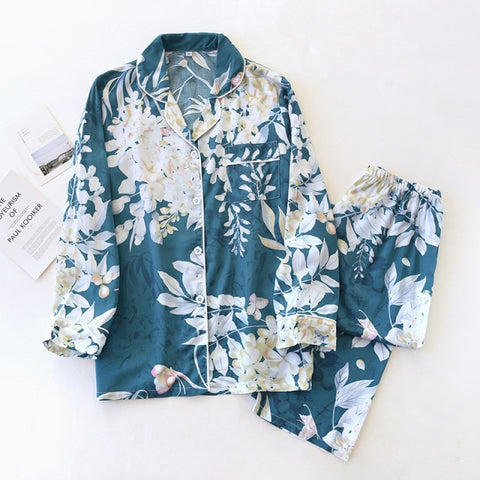 ladies viscose pajamas long-sleeved elegant big flower