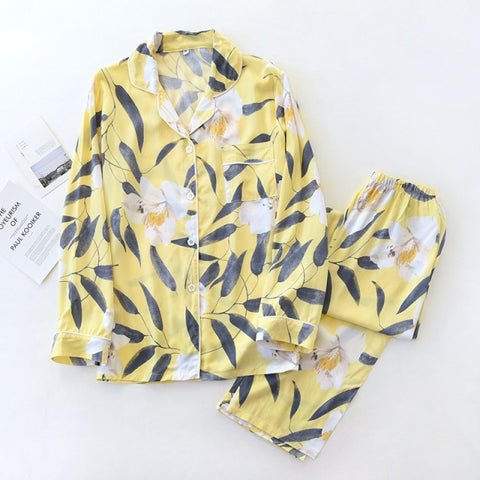 ladies viscose pajamas long-sleeved elegant big flower