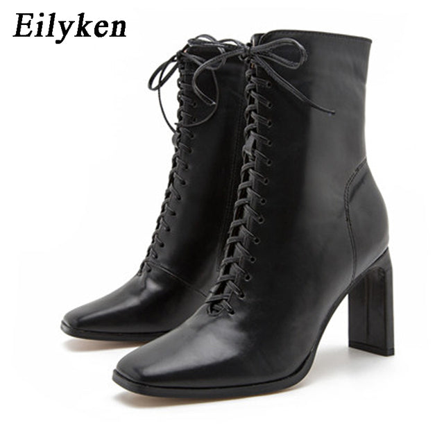 Square Head Ankle Boots Fashion Cross Strap Square High Heels Zipper Office Lady Boots