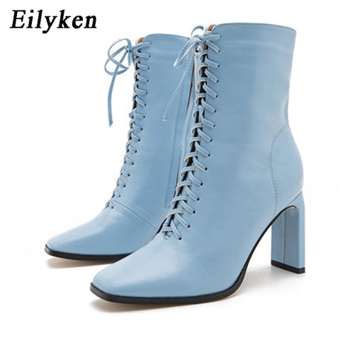 Square Head Ankle Boots Fashion Cross Strap Square High Heels Zipper Office Lady Boots