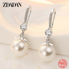 Silver Long Pearl CZ Dangle Earrings