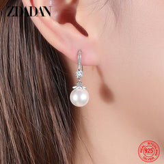 Silver Long Pearl CZ Dangle Earrings