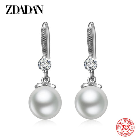 Silver Long Pearl CZ Dangle Earrings