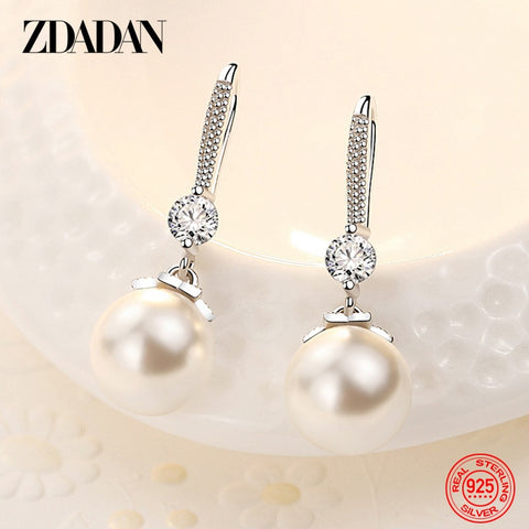 Silver Long Pearl CZ Dangle Earrings