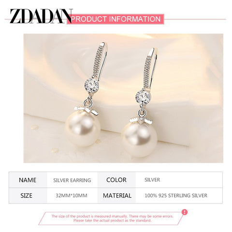 Silver Long Pearl CZ Dangle Earrings