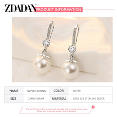 Silver Long Pearl CZ Dangle Earrings