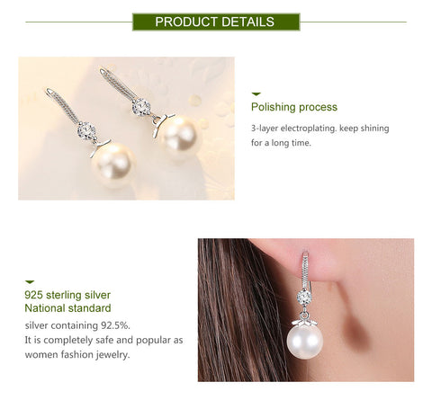 Silver Long Pearl CZ Dangle Earrings