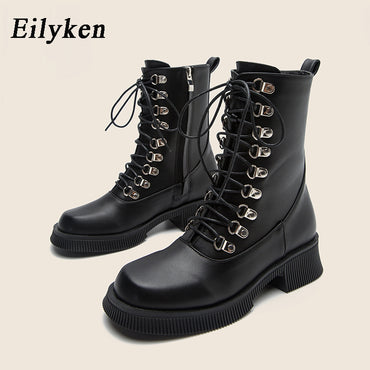 Ankle Boots Women Platform PU Leather Round Toe Lace-Up Zipper