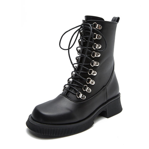 Ankle Boots Women Platform PU Leather Round Toe Lace-Up Zipper