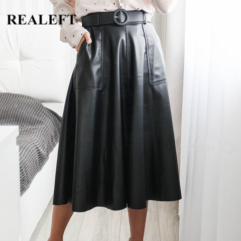 Faux PU Leather Mi-long Skirt with Belted High Waist Vintage Mid-calf Chic