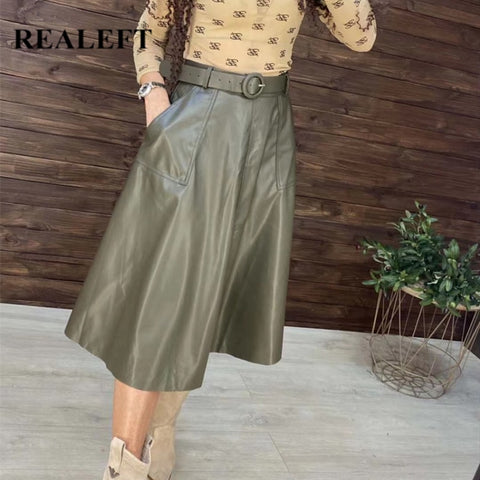 Faux PU Leather Mi-long Skirt with Belted High Waist Vintage Mid-calf Chic