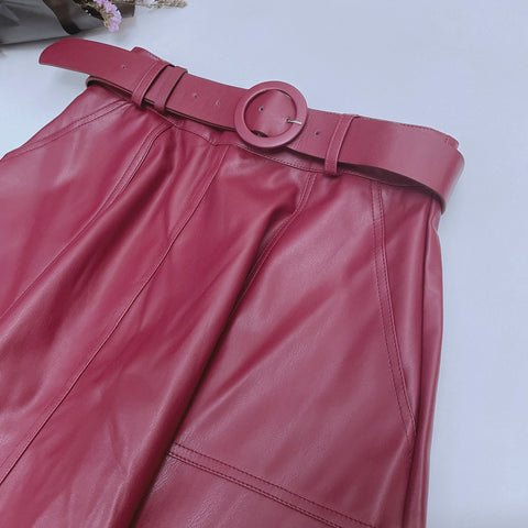 Faux PU Leather Mi-long Skirt with Belted High Waist Vintage Mid-calf Chic