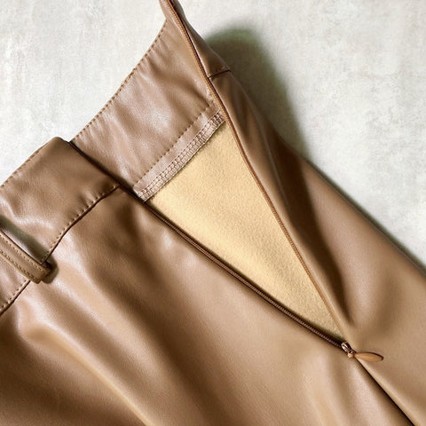 Faux PU Leather Mi-long Skirt with Belted High Waist Vintage Mid-calf Chic