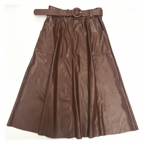 Faux PU Leather Mi-long Skirt with Belted High Waist Vintage Mid-calf Chic