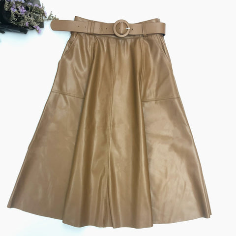 Faux PU Leather Mi-long Skirt with Belted High Waist Vintage Mid-calf Chic