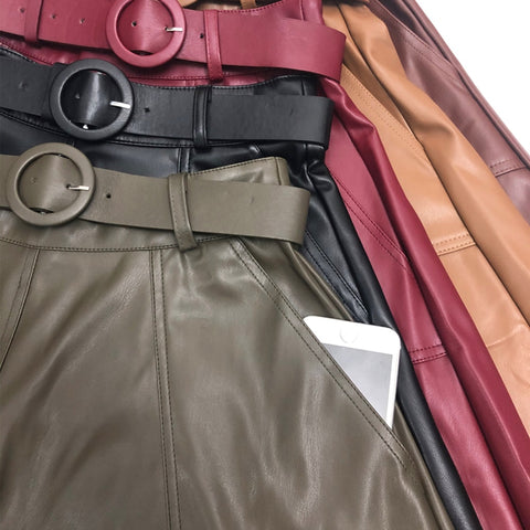 Faux PU Leather Mi-long Skirt with Belted High Waist Vintage Mid-calf Chic