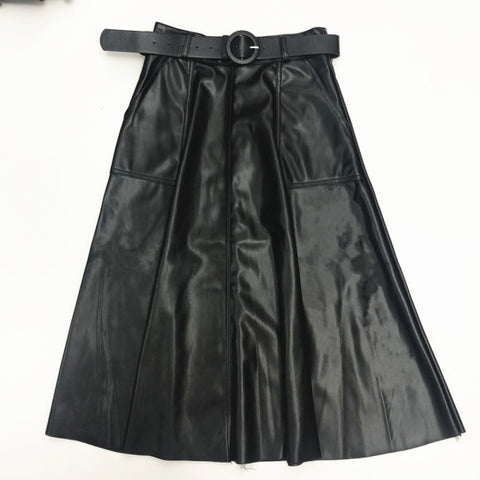 Faux PU Leather Mi-long Skirt with Belted High Waist Vintage Mid-calf Chic