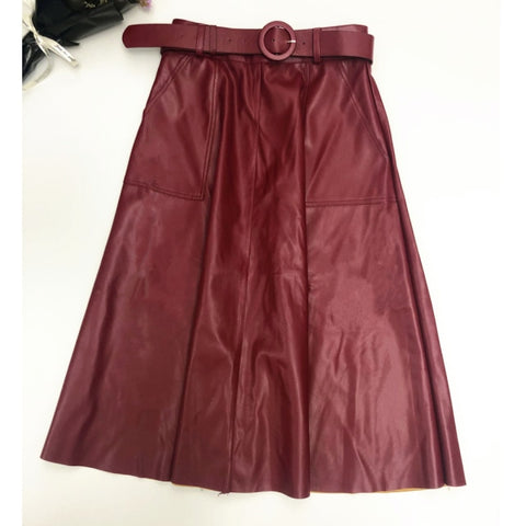 Faux PU Leather Mi-long Skirt with Belted High Waist Vintage Mid-calf Chic