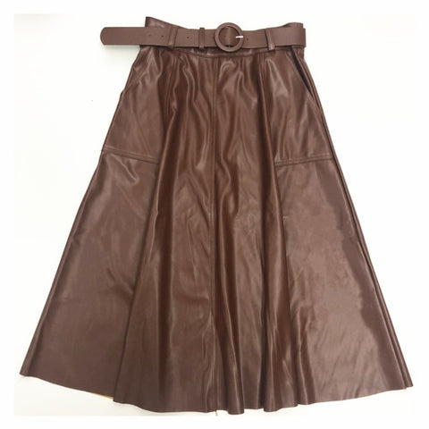 Faux PU Leather Mi-long Skirt with Belted High Waist Vintage Mid-calf Chic