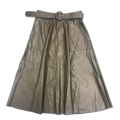 Faux PU Leather Mi-long Skirt with Belted High Waist Vintage Mid-calf Chic