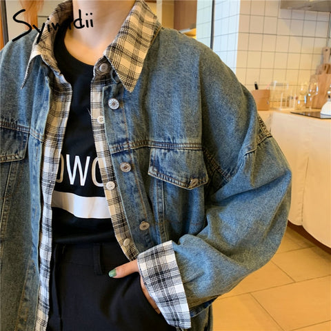 jean jacket women Fake Two Pieces clothes denim coat oversized