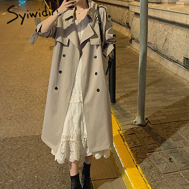 Trench Coat Office Lady Long Sleeve Turn-down Collar Double Breasted