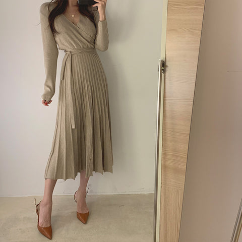elegant with belt long knit pleated dress A line solid empire clothes