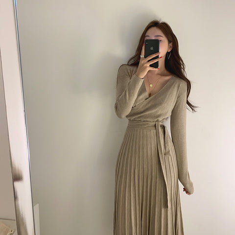 elegant with belt long knit pleated dress A line solid empire clothes