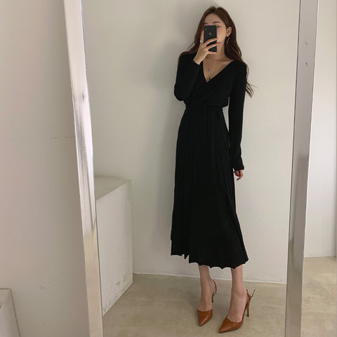 elegant with belt long knit pleated dress A line solid empire clothes