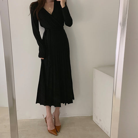 elegant with belt long knit pleated dress A line solid empire clothes