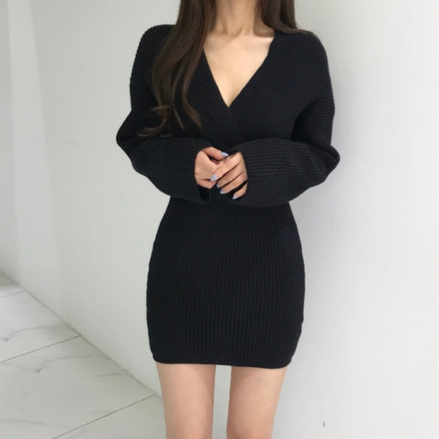 Knitting Short Long Sleeve V Neck Fashion A Line Slim Sweater Dresses