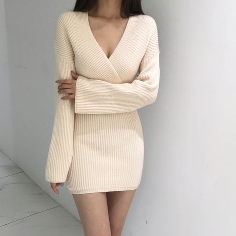 Knitting Short Long Sleeve V Neck Fashion A Line Slim Sweater Dresses