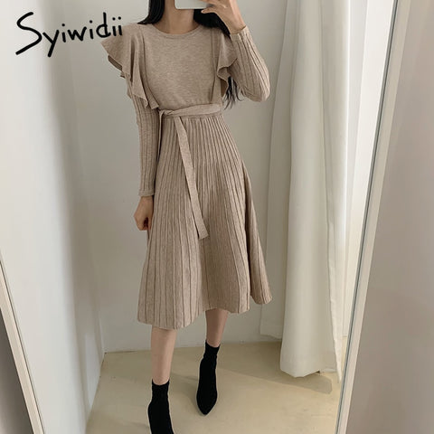 Vintage Knitting Dress Ruffles Long Sleeve O Neck