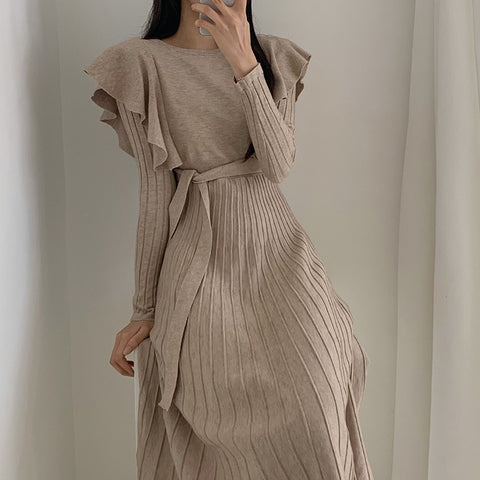 Vintage Knitting Dress Ruffles Long Sleeve O Neck