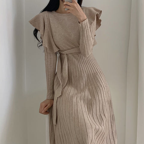 Vintage Knitting Dress Ruffles Long Sleeve O Neck