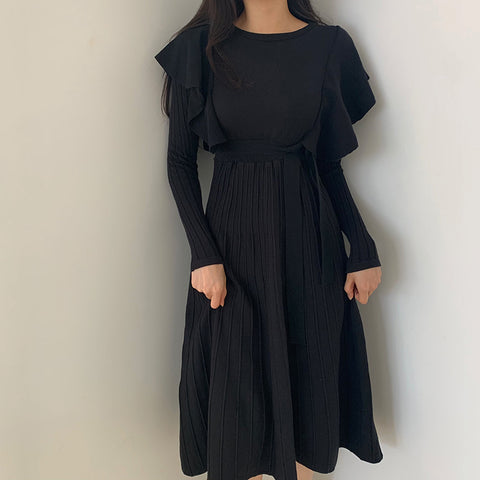 Vintage Knitting Dress Ruffles Long Sleeve O Neck
