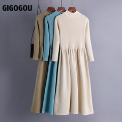 A Line Dress Elegant Winter Warm Long Sleeve Pleated Dresses