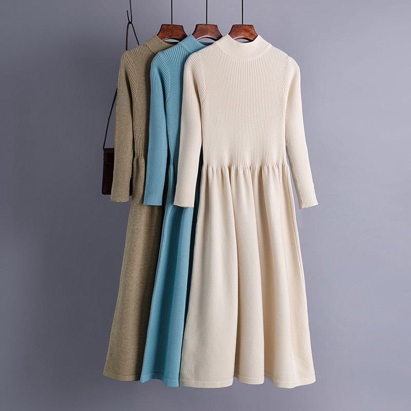 A Line Dress Elegant Winter Warm Long Sleeve Pleated Dresses