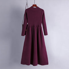 A Line Dress Elegant Winter Warm Long Sleeve Pleated Dresses