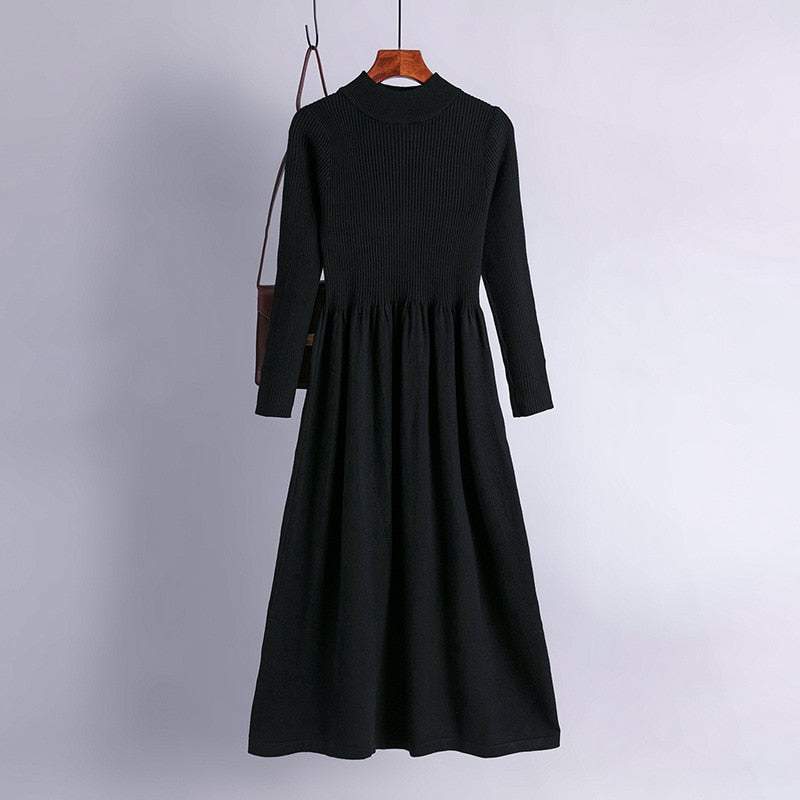 A Line Dress Elegant Winter Warm Long Sleeve Pleated Dresses