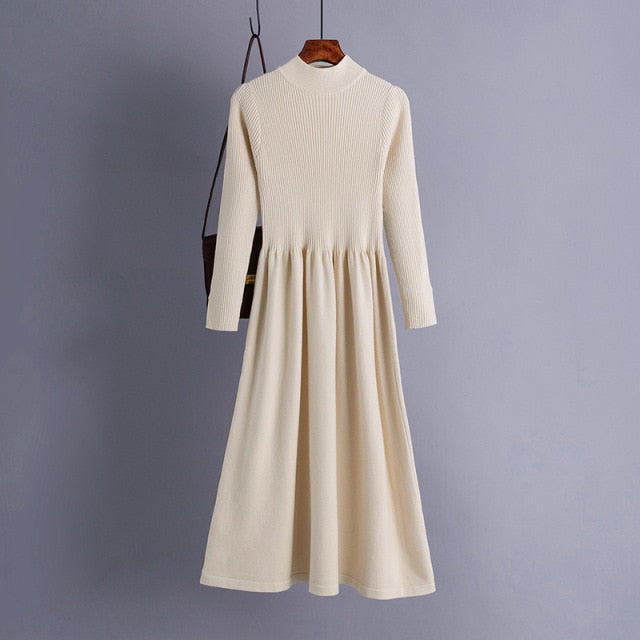 A Line Dress Elegant Winter Warm Long Sleeve Pleated Dresses