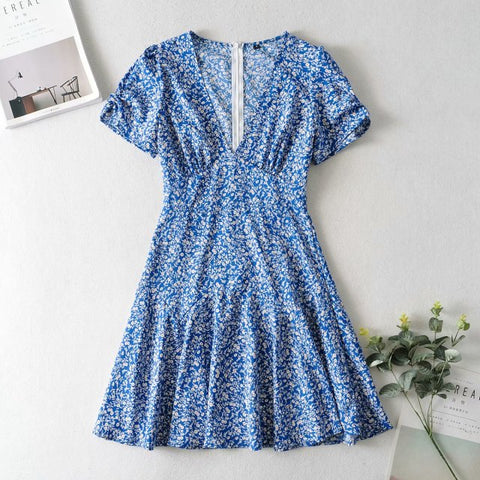 oridol Blue Floral Print Women Casual Short Sleeve Dress Boho