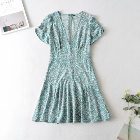 oridol Blue Floral Print Women Casual Short Sleeve Dress Boho