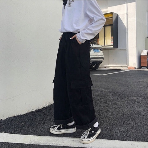 Women's Cargo Pants Corduroy Wide Leg Pocket Jogger Trousers