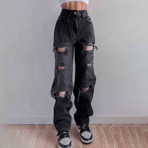 Vintage Ripped Hole Jeans Women Baggy Cut Out High Waist Denim Pants