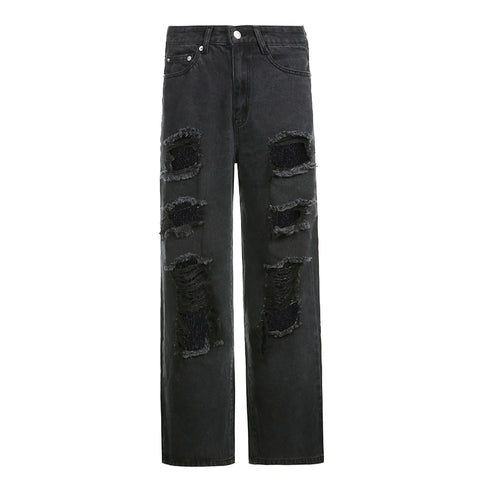 Vintage Ripped Hole Jeans Women Baggy Cut Out High Waist Denim Pants