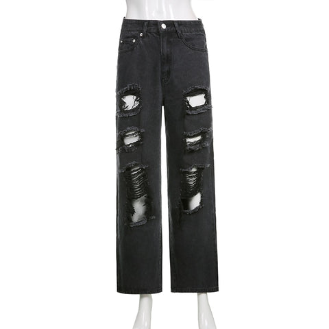 Vintage Ripped Hole Jeans Women Baggy Cut Out High Waist Denim Pants