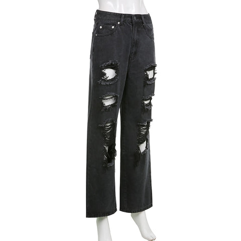 Vintage Ripped Hole Jeans Women Baggy Cut Out High Waist Denim Pants